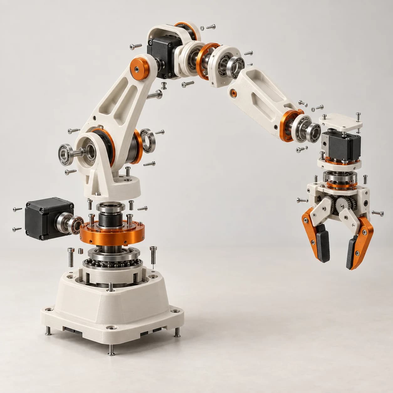 Concept visualization of an exploded robotic gripper with white printed housings, orange brackets, motors, and steel bearings